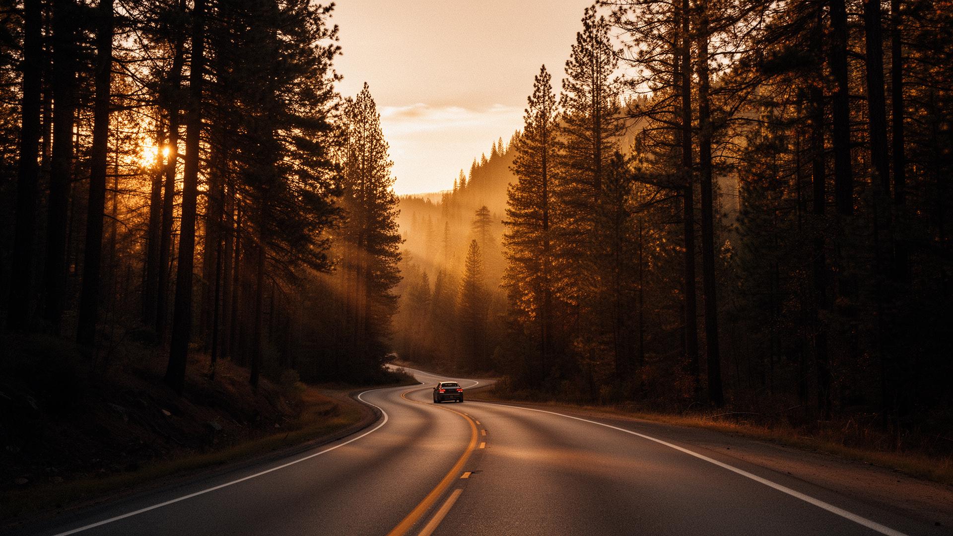 A car traveling a winding forest highway at golden hour